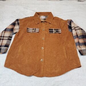 Prissy‎ Jane Tan Corduroy Flannel Plaid Fall Cozy Casual Long Top Shacket XL